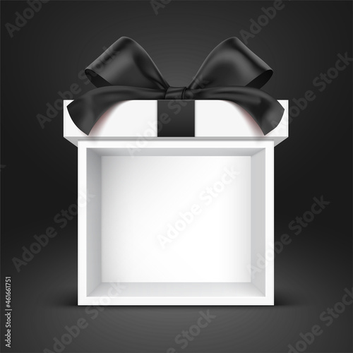 White booth gift box, wrapped with a black satin bow, standing on a black gradient background. Open giftbox vector illustration.