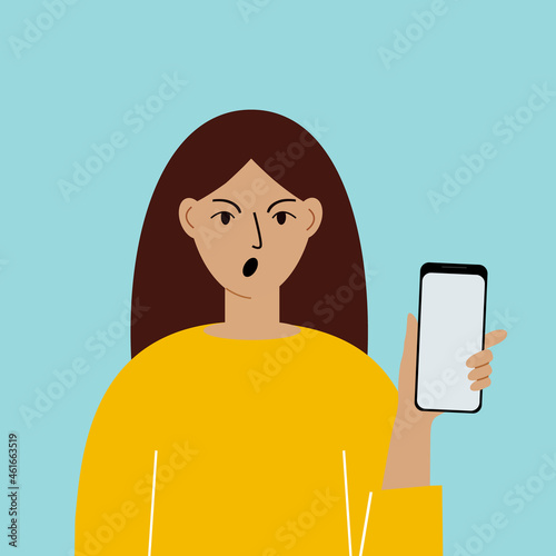 Shocked woman with mobile phone, front view. Taking pictures, reading, chatting. Smartphone and internet addiction.