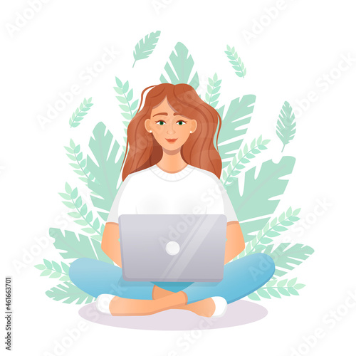 Cute red haired woman sits at a laptop while sitting in nature. Flat vector illustration of freelance, work at home, work, office, education, training. Remote work and communication in social networks