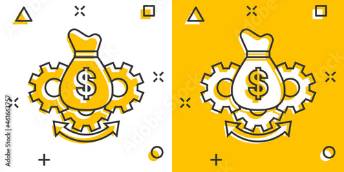 Money optimization icon in comic style. Gear effective cartoon vector illustration on white isolated background. Finance process splash effect business concept.