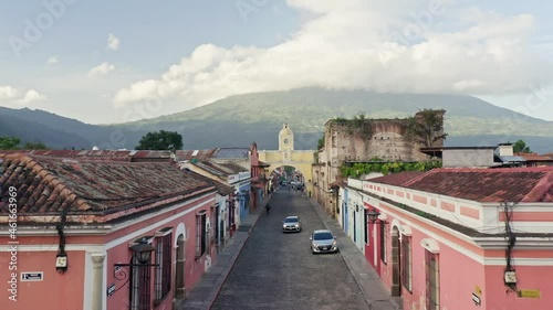 An aerial 4K footage of the old city of Antigua in Guatemala photo