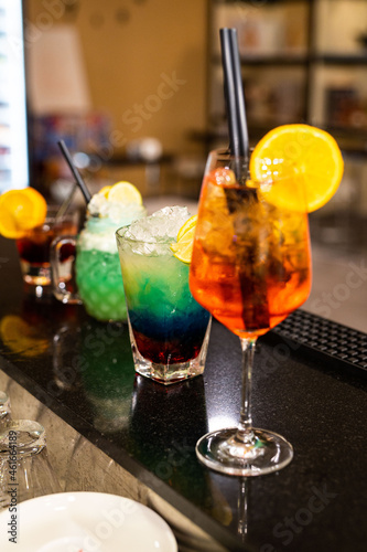 composition of various coktails on the counter