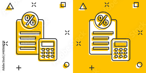Tax payment icon in comic style. Budget invoice cartoon vector illustration on white isolated background. Calculate document splash effect business concept.