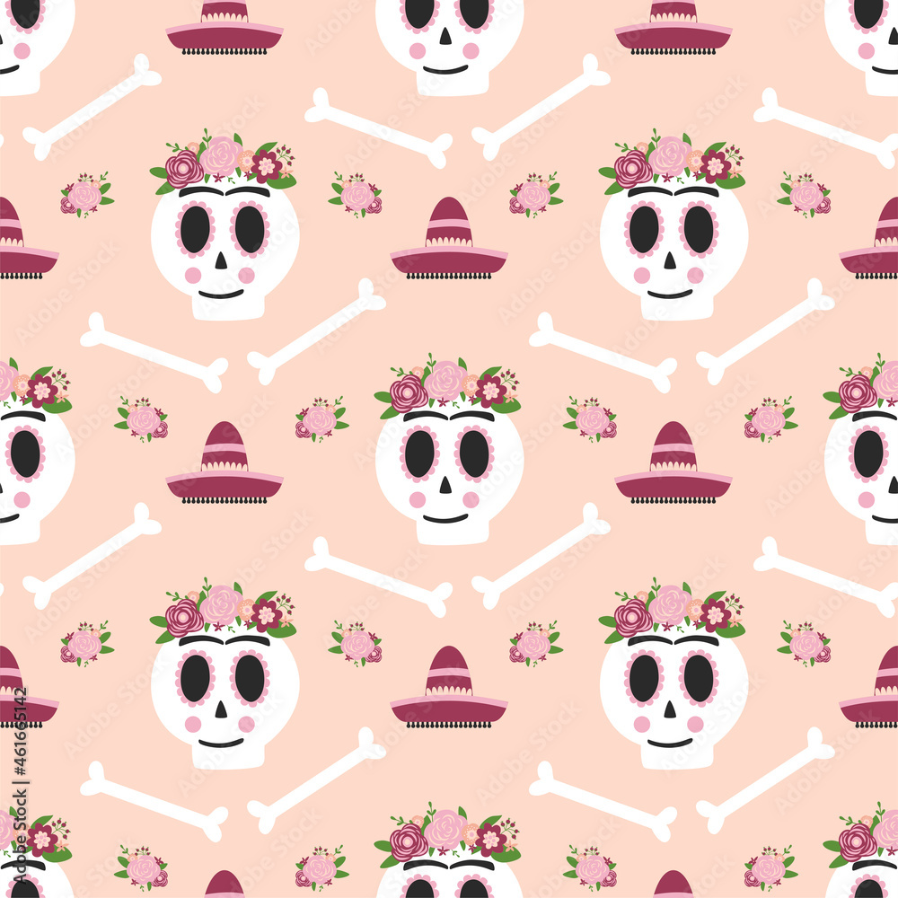 Obraz premium Day dead skull seamless pattern Frida Kahlo. Dia de los muertos skull. Symbol of day dead vector illustration. Cute skull graphic background. Pink spooky print Spanish, mexican tradition. Woman skull.