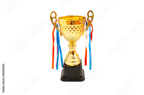 Gold cup award on white background