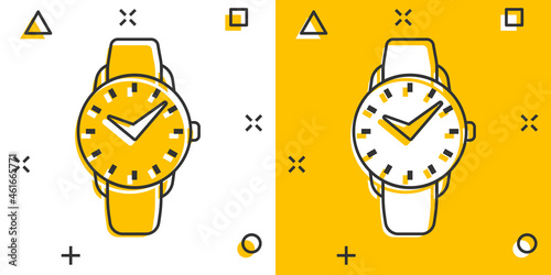 Wrist watch icon in comic style. Hand clock cartoon vector illustration on white isolated background. Time bracelet splash effect business concept.