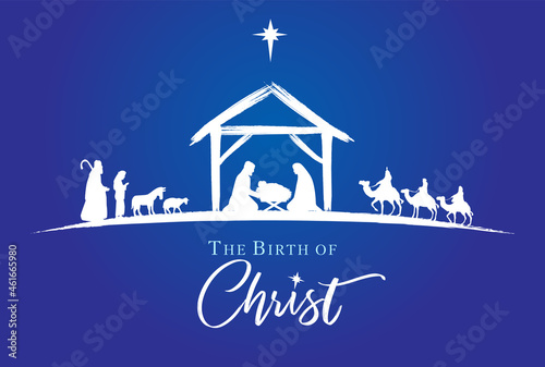 Nativity scene white silhouette Jesus in manger shepherd and wisemen on blue background Fototapete