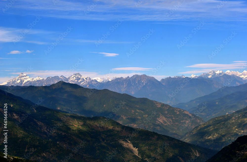 A 180-degree panoramic view mountain range seen from Temi Tea Estate in South Sikkim. This is the most popular tourist point of Sikkim where they stop and catch glimpses of the mountain. 
