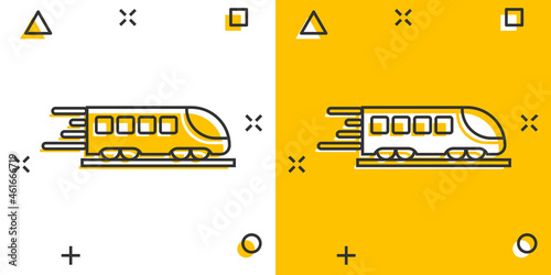 Metro icon in comic style. Train subway cartoon vector illustration on white isolated background. Railroad cargo splash effect business concept.