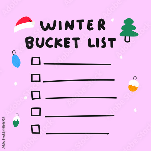 Winter bucket list. Vector illustration on pink background.