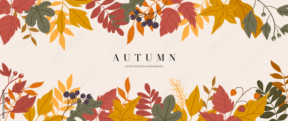 Autumn background vector. Autumn shopping event illustration wallpaper with hand drawn icons set. This design good for banner, sale poster, packaging background and greeting card. - obrazy, fototapety, plakaty 