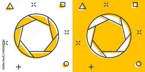 Camera diaphragm icon in comic style. Lens cartoon sign vector illustration on white isolated background. Photo snapshot splash effect business concept.