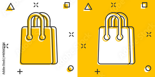 Shopping bag icon in comic style. Handbag cartoon sign vector illustration on white isolated background. Package splash effect business concept.