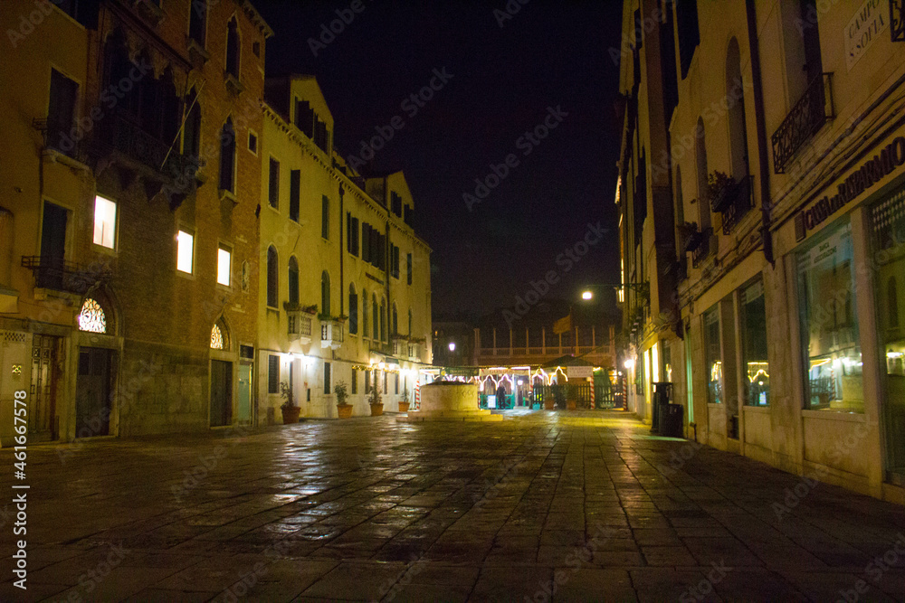 Venice, Italy, January 28, 2020 evocative image of the Campo Santa Sofia at night