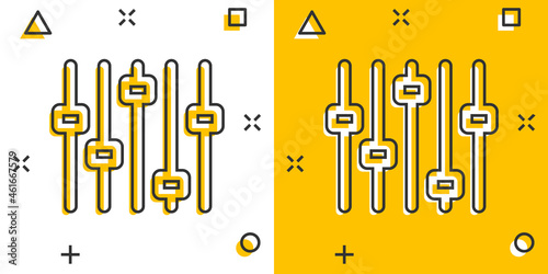 Control volume icon in comic style. Audio adjusting cartoon sign vector illustration on white isolated background. Filter splash effect business concept.