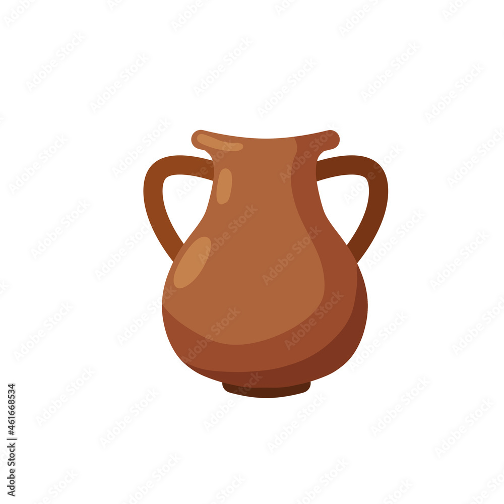 Clay pot. Copper jug. Brown antique tableware with handles. Flat design