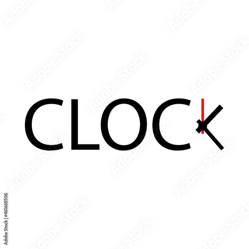 Banner con texto Clock con manecillas de reloj como letra K en color negro y rojo