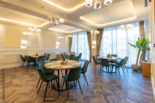 Interior of an empty modern hotel restaurant