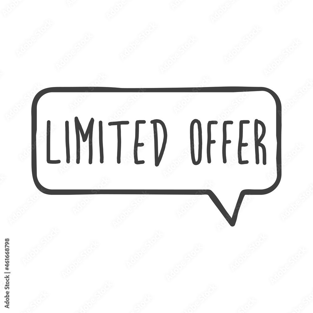 Banner con texto manuscrito Limited Offer con silueta de burbuja de habla con lineas en color gris Banner con texto manuscrito Limited Offer con silueta de burbuja de habla con lineas en color gris