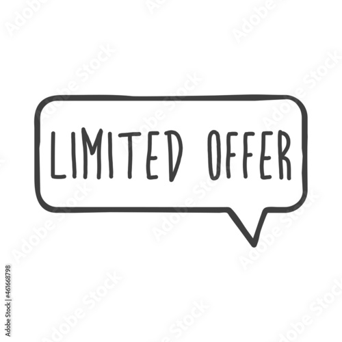 Banner con texto manuscrito Limited Offer con silueta de burbuja de habla con lineas en color gris
