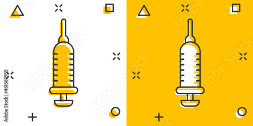 Syringe icon in comic style. Inject needle cartoon vector illustration on white isolated background. Drug dose splash effect business concept.