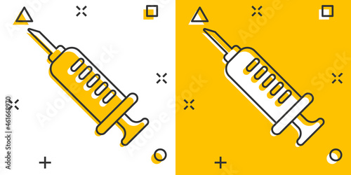Syringe icon in comic style. Inject needle cartoon vector illustration on white isolated background. Drug dose splash effect business concept.
