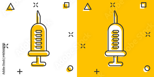 Syringe icon in comic style. Inject needle cartoon vector illustration on white isolated background. Drug dose splash effect business concept.