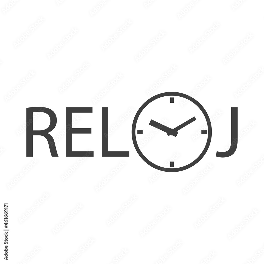Banner con texto Reloj en español con esfera de reloj como letra O en color gris Banner con texto Reloj en español con esfera de reloj como letra O en color gris