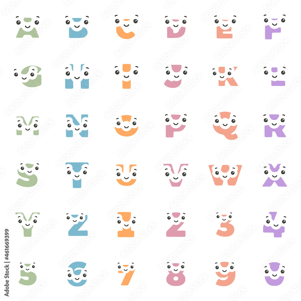 Set of funny kawaii characters in the shape of letters and numbers, vector clip art.