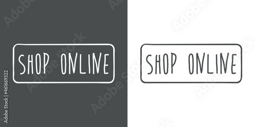 Banner con texto manuscrito Shop Online en cuadrado con lineas en fondo gris y fondo banco