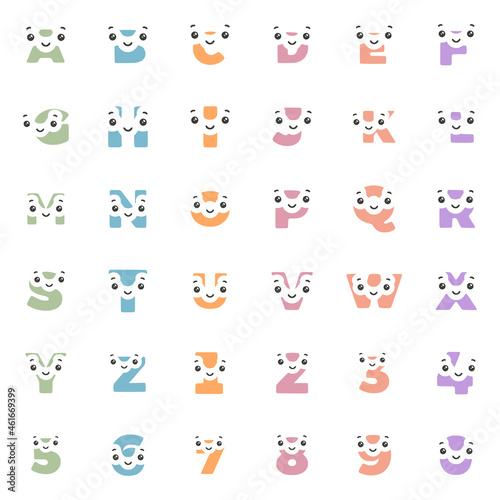 Set of funny kawaii characters in the shape of letters and numbers  vector clip art.