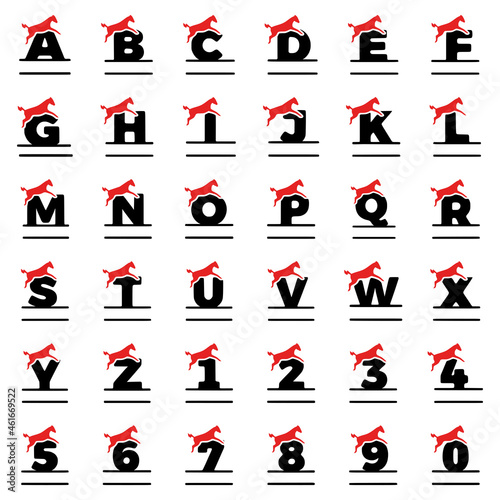 A set of personalized monograms in the form of letters, numbers and horses, vector clip art.