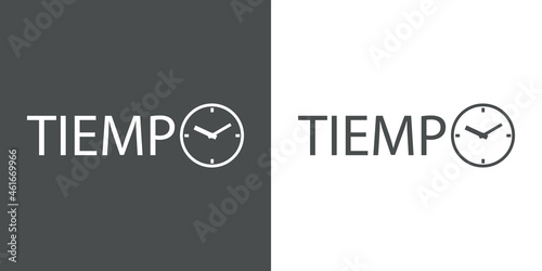 Banner con texto Tiempo en español con esfera de reloj como letra O en fondo gris y fondo blanco