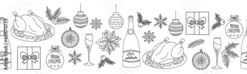 Christmas seamless border Hand drawn line art holiday party icons vector. Christmas celebration black white outline drawing repeating coloring pattern. Champagne, wine, Poinsettia flower, mistletoe.