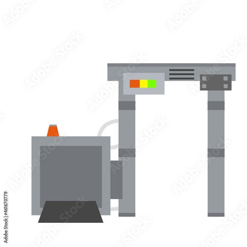 Metal detector. Safety frame. Checking dangerous items. Airport counterterrorism equipment. Modern technological gates and entrance. X-ray interoscope.