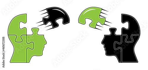 3d human heads with changing puzzle pieces design. Brainstorm concept vector illustration with green and black puzzle pieces. Company communication, information sharing, teamwork concept graphic.
