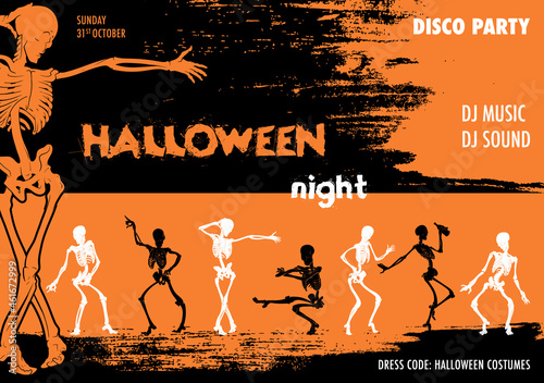 Dancing skeletons. Black and orange Halloween party flyer template. A4 format. EPS10 Vector illustration.