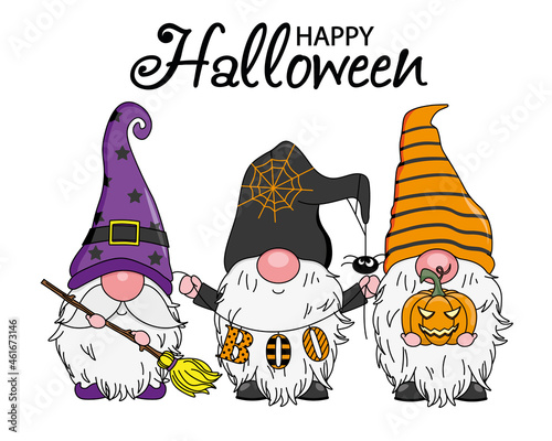 Halloween card. Three cute gnomes. isolated vector