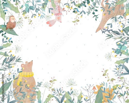 森のかわいい動物と植物の北欧風オシャレな冬ベクターフレームイラストベクター素材
