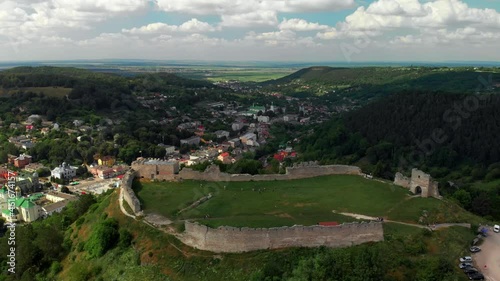 13th century Kremenets Castle aerial view. Summer day. The castle was built of limestone on a steep hill. Ternopil Oblast, Ukraine photo
