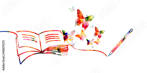 Reading, writing, knowledge, education concept. Colorful inspirational open book with butterflies and pen isolated vector. Design for library, literature, university, school, courses, lessons, classes