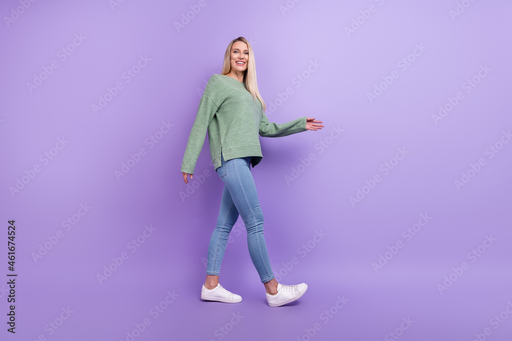 Full size profile side photo of young woman go new meeting greeting handshake isolated over violet color background