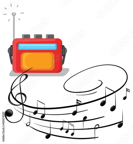 Radio with musical melody symbols isolated