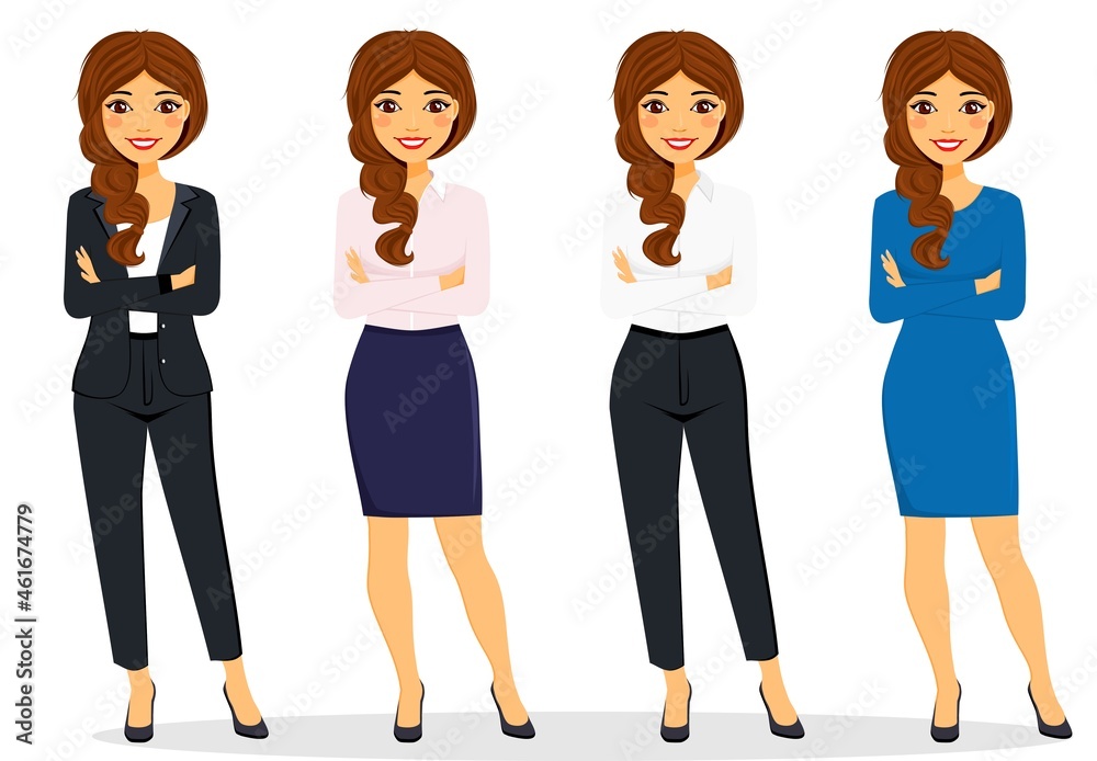 Obraz premium A set of young women in different clothes. Business style, office worker. Business and Finance Flat style on a white background. Cartoon