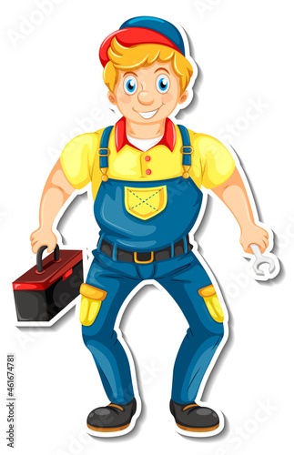 Sticker design with auto mechanic cartoon character