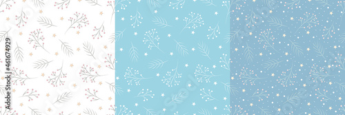Christmas, New Year, holidays, a set of seamless patterns with painted twigs, stars and snowflakes. Winter texture for printing, paper, design, fabric, decor, gift, food packaging, backgrounds