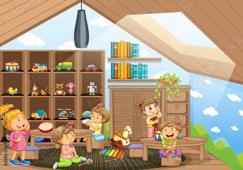 Nursery room scene with many little kids