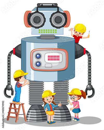 Children building robot together on white background