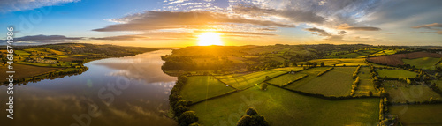 Panorama of Sunrise over Fields and River Teign from a drone, Newton Abbot, Devon, England, Europe
