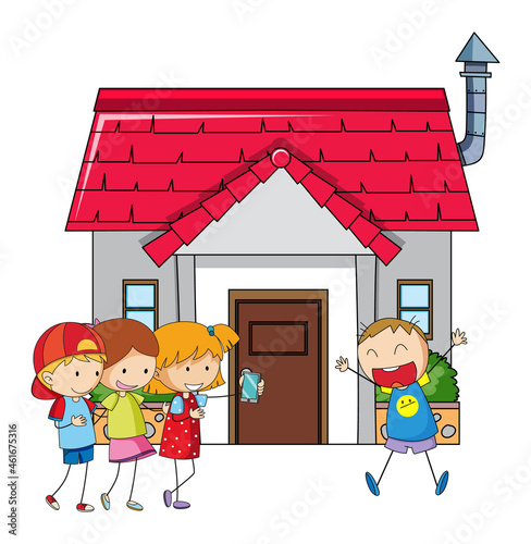 Front view of mini house with many kids on white background
